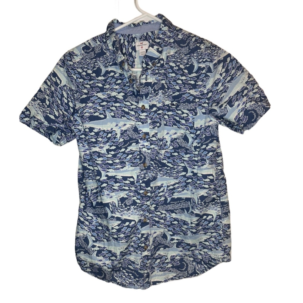 Vineyard Vines For Target Boy's School of Sharks button down shirt L (12- 14)